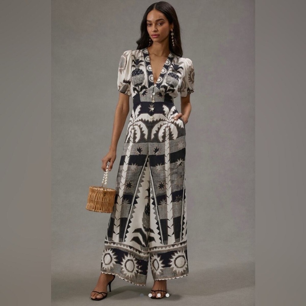 Farm Rio linen tropical print black white v neck puff sleeve jumpsuit